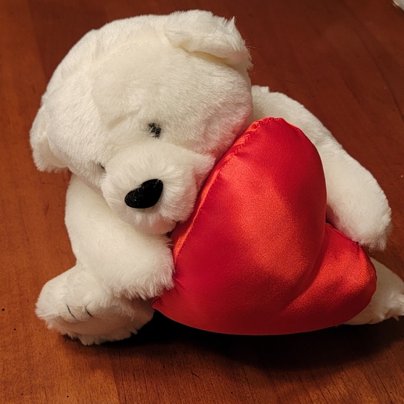Adorable White Plush Teddy Bear Holding a BIG Red Valentine's Day Heart ♥️ - Picture 3 of 12
